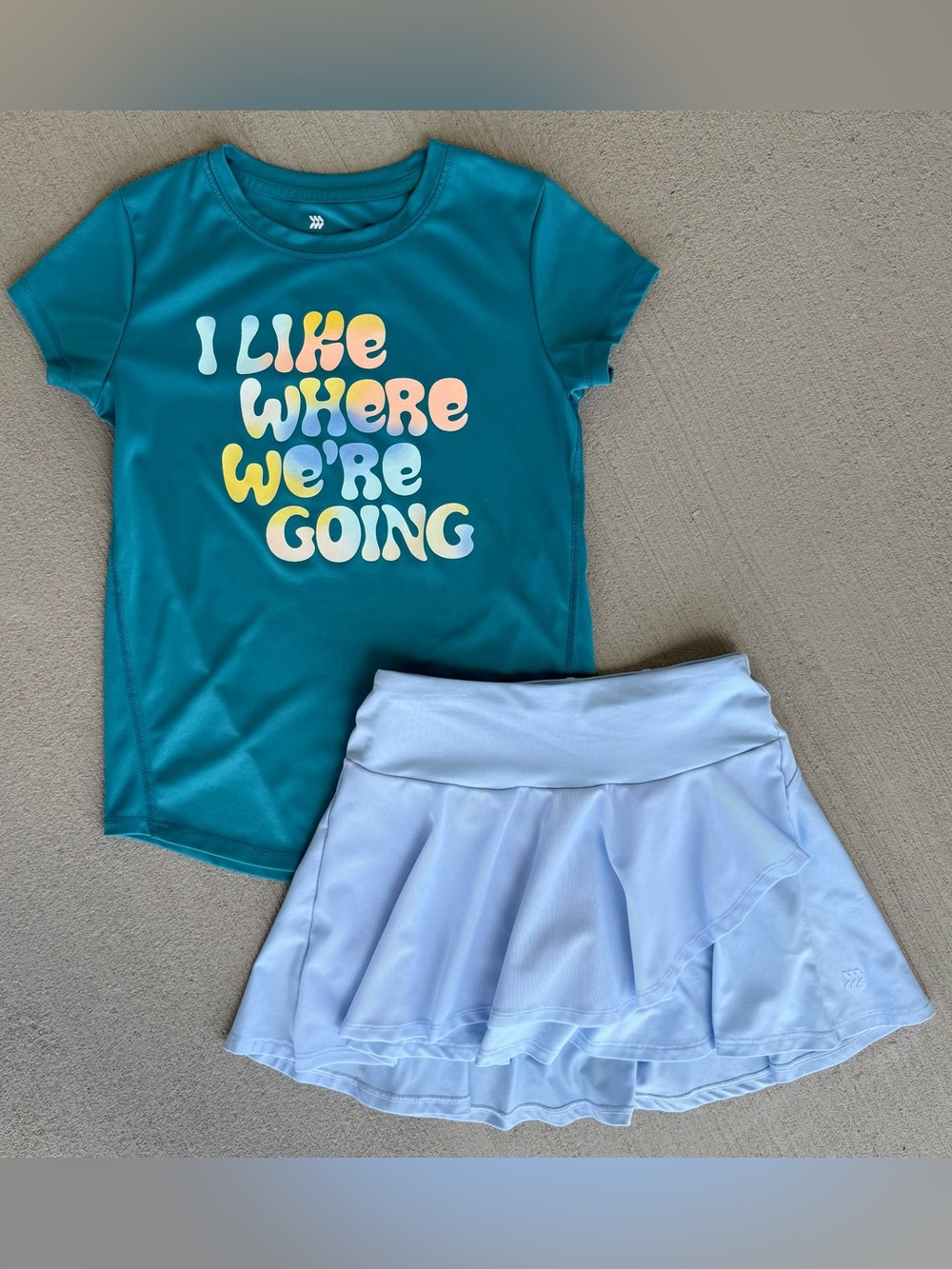 All in Motion Teal Graphic Tee "I Like Where We're Going" + Light Blue Skort 8 - Picture 12 of 16